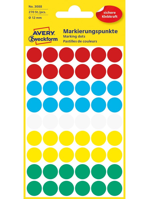 Avery Matriseklistremerker, Ø 12 mm, 270 Etiketter, Diverse farger