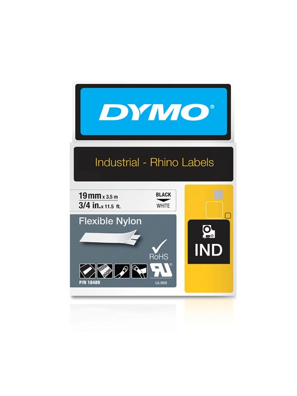 DYMO Rhino fleksibel nylon, 19mm x 3,5m, sort på hvit