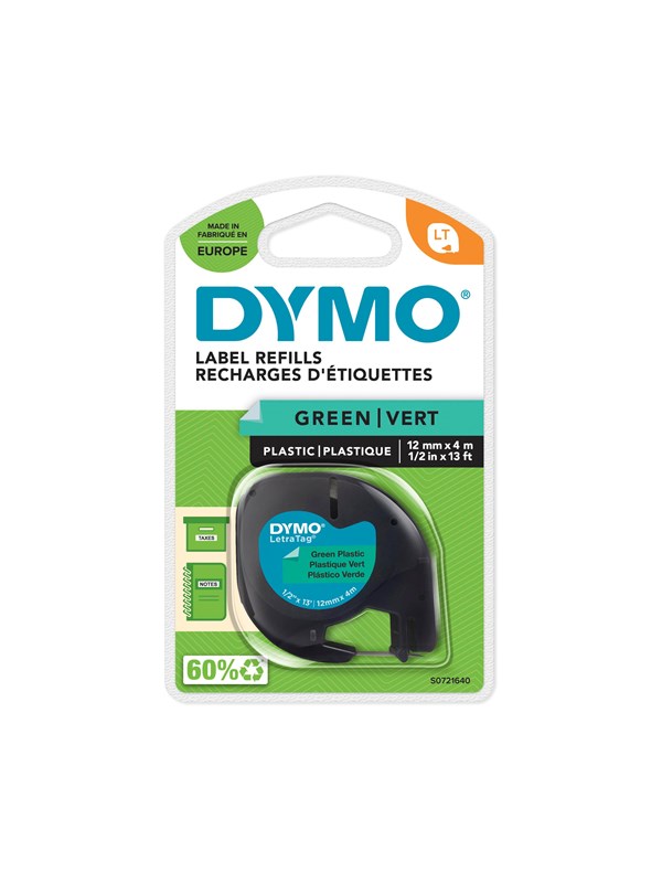 DYMO Letratag plasttape, sort på grønn, 12mm x 4m rull