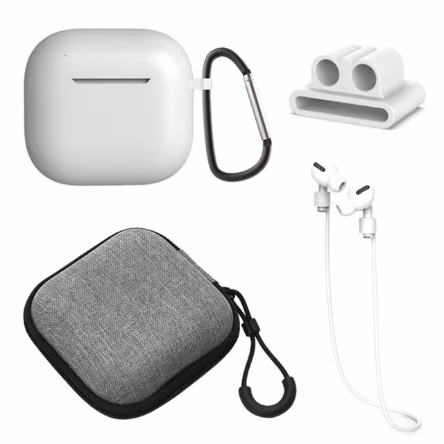 For AirPods 4 5 stk Tilbehør Veske Oppbevaringsboks Halsstropp Hodetelefonholder Nøkkelring - Hvit