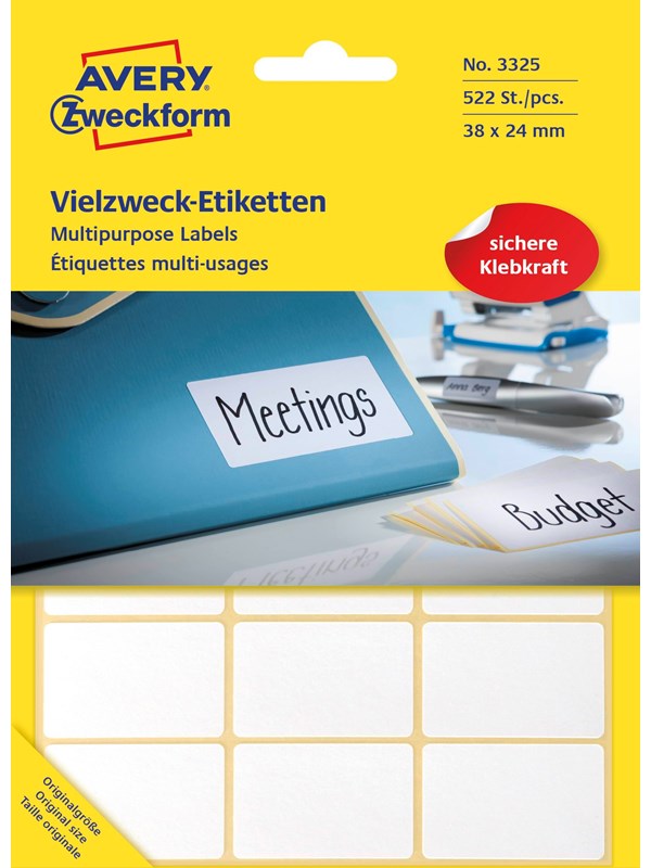 Avery Universaletiketter, 38 x 24 mm, 522 Etiketter, Hvit
