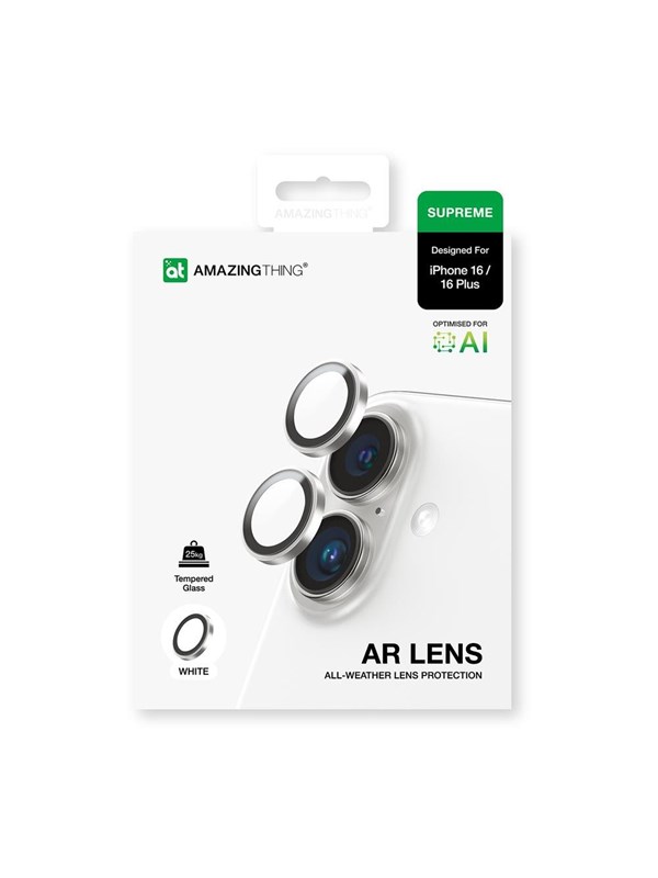 AmazingThing AR Aluminum 2 Lens Glass with Camera Lens Frame for iPhone 16 / 16 Plus - White