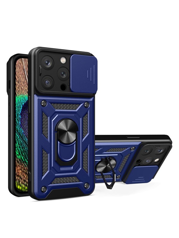 Hurtel Hybrid Armor Camshield Case for iPhone 14 Pro Armored Case with Camera Cover Blue