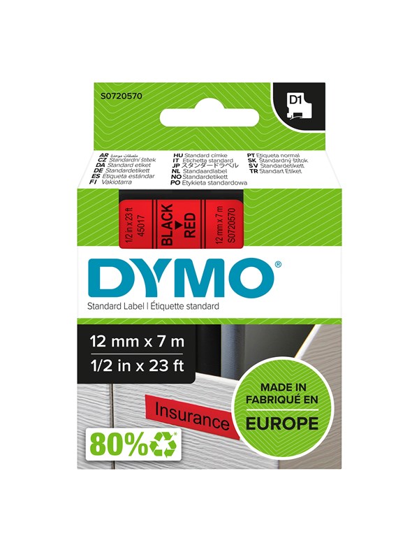 DYMO D1 tape, 12mm x 7m rull, sort på rød
