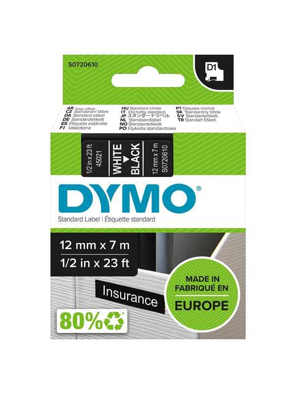 DYMO D1 tape, 12mm x 7m rull, hvit på sort