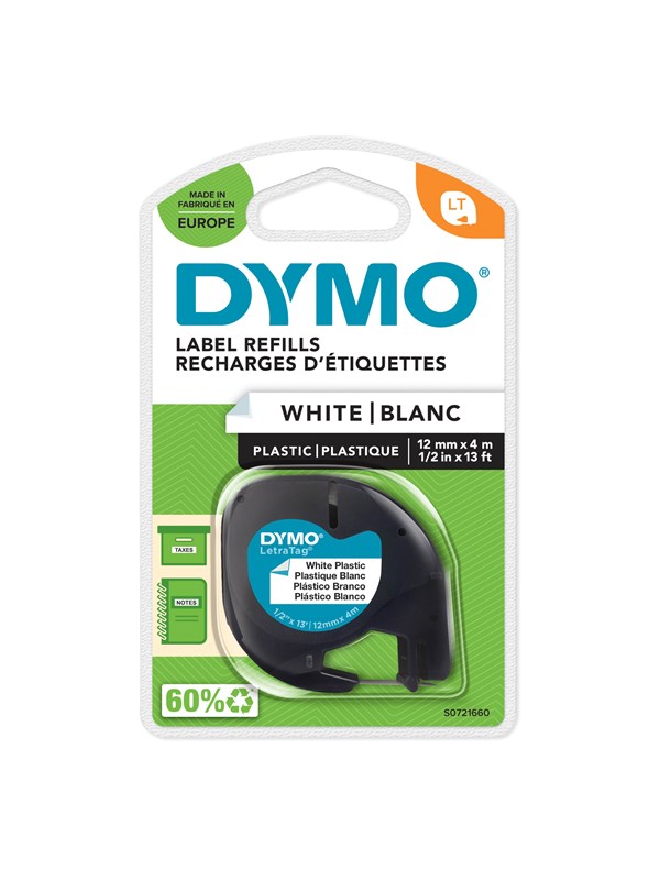 DYMO Letratag plasttape, sort på gul, 12mm x 4m rull