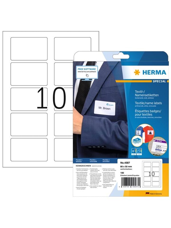 HERMA Name/textile labels removable A4 80 x 50 mm separable white made of acetate silk printable