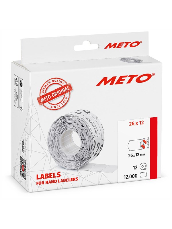 METO Prisetiketter, 26x12mm, hvit, 12rl/1000
