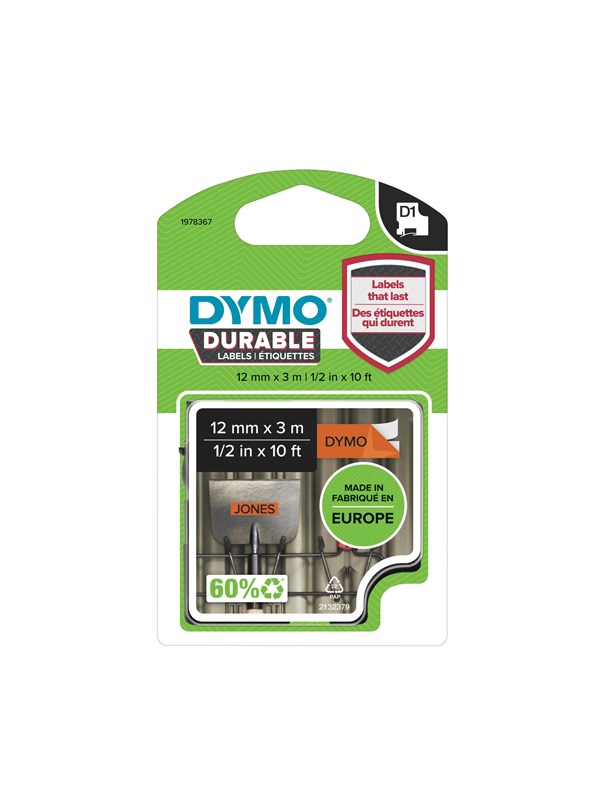 DYMO D1® High Performance / Durable tape, 12mm x 3m rull, sort på oransje
