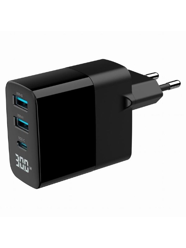 Gembird Universal GaN USB charger with LCD QC 3.0 &amp; POD 30W 3-port - Black