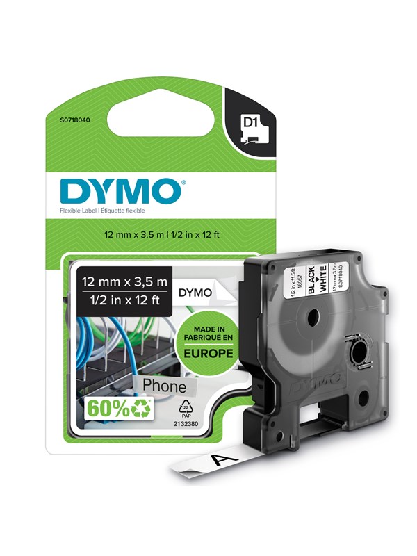 DYMO D1 tape Flexibel Nylon, 12mm x 3,5m rull, sort på hvit