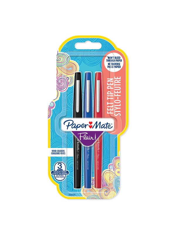 Paper Mate Flair Felt Tip Pens | Medium Point (0.7mm) | Black Red &amp; Blue | 3 Count