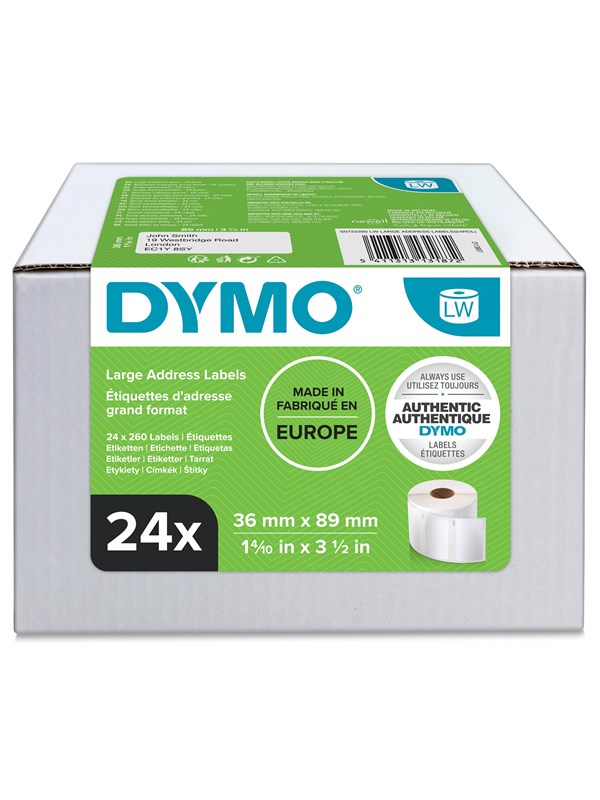 DYMO LW store adresseetiketter, 36mm x 89mm, 24 ruller med 130 stk. (3120 stk. i alt)