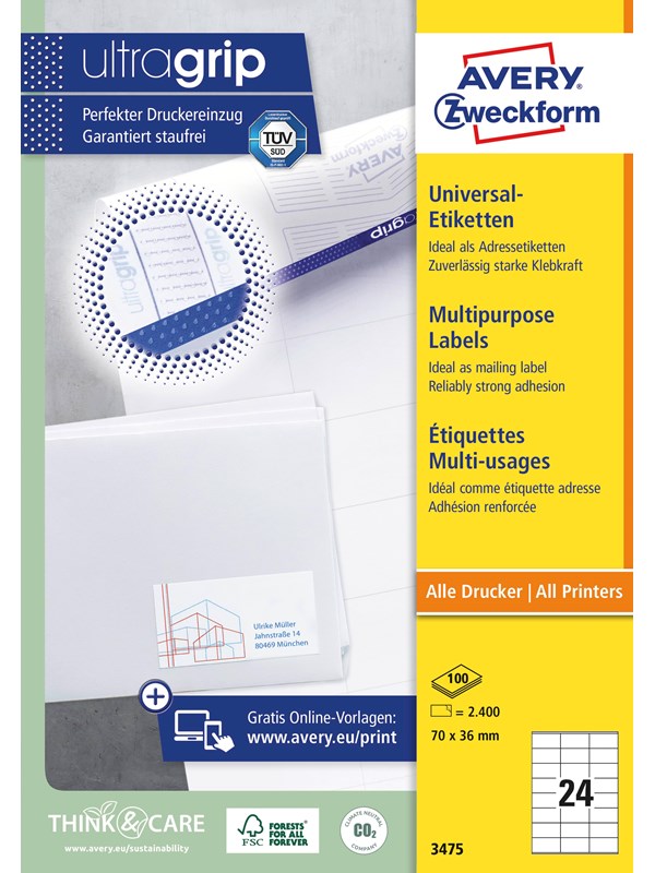 Avery Universaletiketter, 70 x 36 mm, 2.400 Etiketter, Hvit