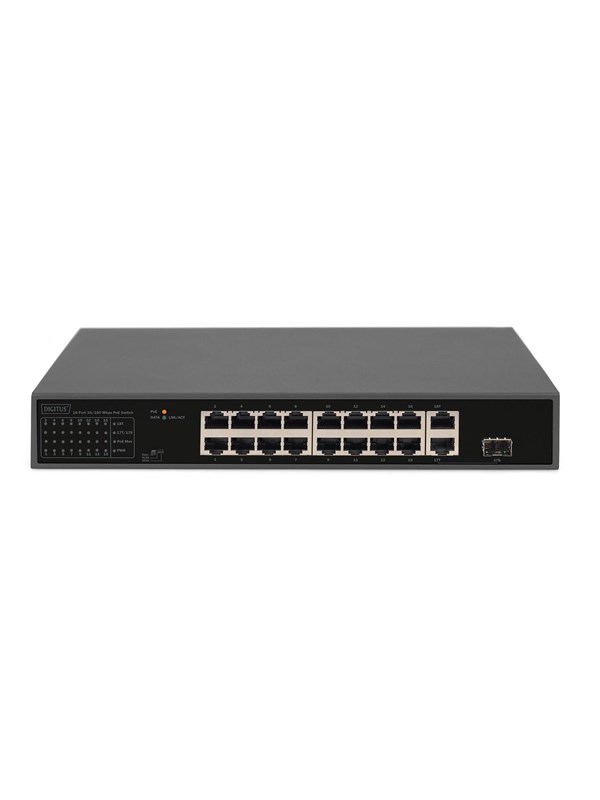 DIGITUS DN-95355 16-Port 10/100 Mbps PoE Switch 16 x10/100Mbps PoE RJ45 Ports.1x GE RJ45 1x SFP