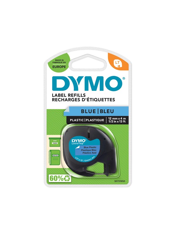 DYMO Letratag plasttape, sort på blå, 12mm x 4m ruller