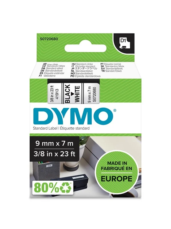 DYMO D1 tape, 9mm x 7m rull, sort på hvit