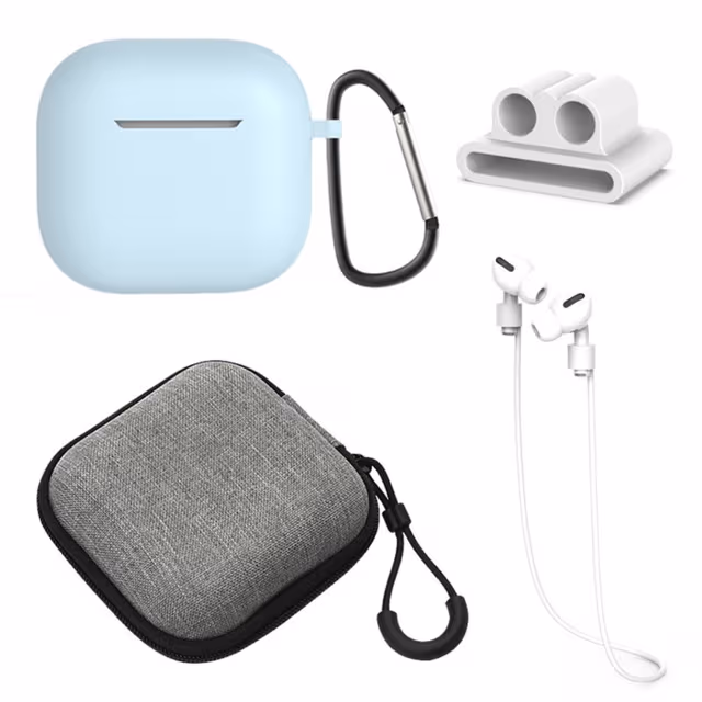 For AirPods 4 5 stk Tilbehør Veske Oppbevaringsboks Halsstropp Hodetelefonholder Nøkkelring - Lyseblå