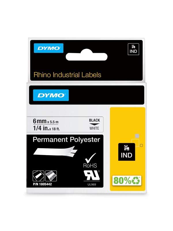 DYMO Dymo Rhino permanent polyester 6mm x 5.5m - sort på hvit