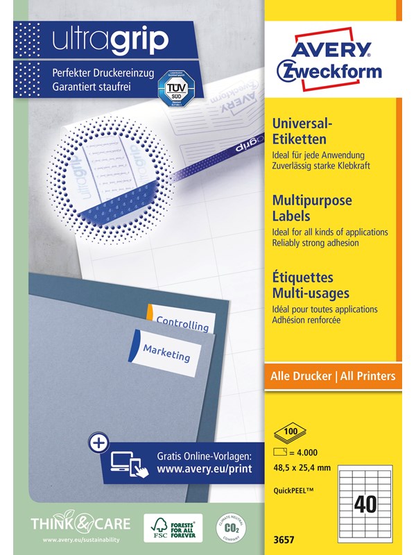 Avery Universaletiketter, 48,5 x 25,4 mm, 4.000 Etiketter, Hvit
