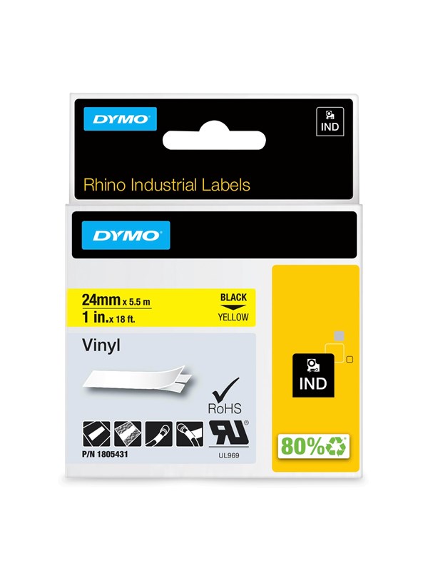 DYMO Rhino industri vinyl tape, 24 mm x 5.5 m rull, sort på gul