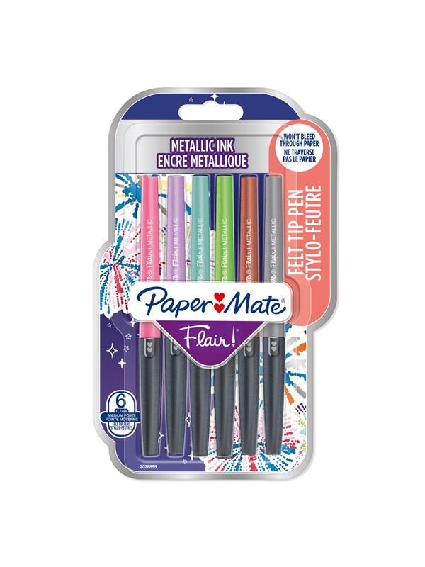 Paper Mate Flair Metallic Felt Tip Pens | Glittery Ink Shines on White Paper | Assorted Colours | Medium Point (0.7mm) | 6 Count