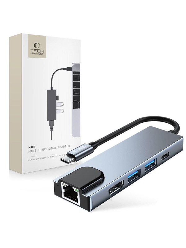 Tech-Protect V3 5in1 USB-C - USB-A 3.0 / USB-A 2.0 / USB-C / HDMI / RJ45 - grey USB-hub - USB 2.0 - 6 porter - Grå