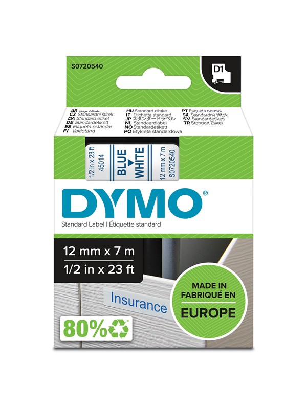 DYMO D1 tape, 12mm x 7m rull, blå på hvit