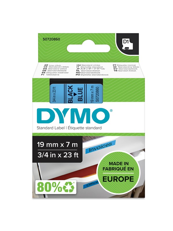 DYMO D1 tape, 19mm x 7m rull, sort på blå