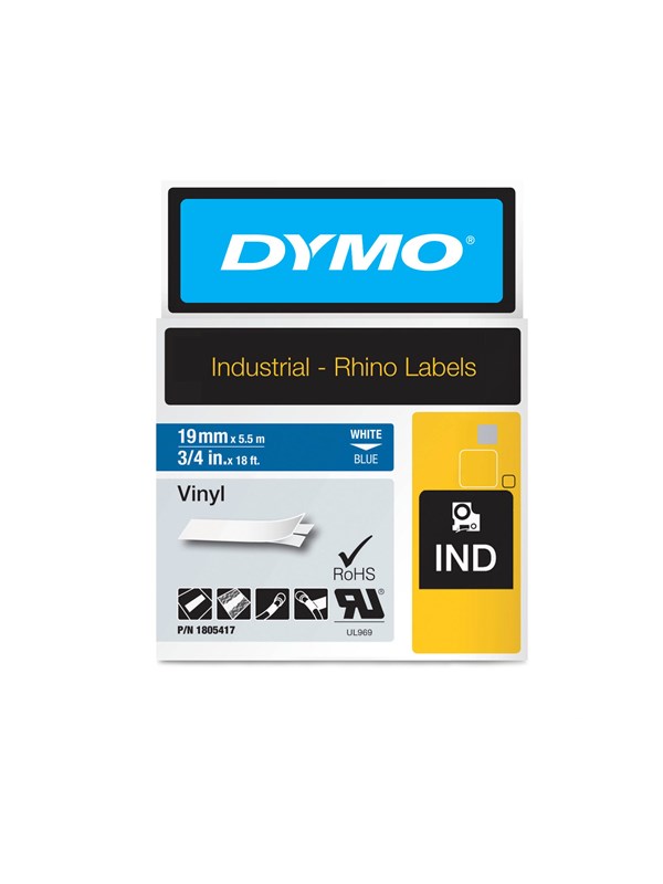 DYMO Rhino industri vinyl tape,19 mm x 5.5 m rull, hvit på blå
