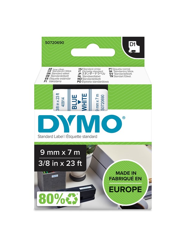 DYMO D1 tape, 9mm x 7m rull, blå på hvit