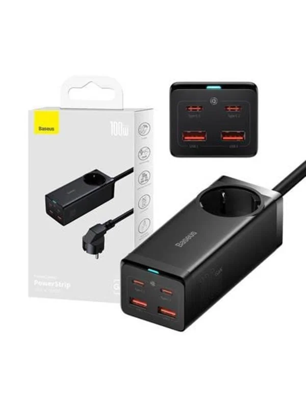 Baseus GaN3 Pro wall charger / powerstrip 2xUSB + 2xUSB-C + AC 100W (black) USB-hub - 5 porter - Svart