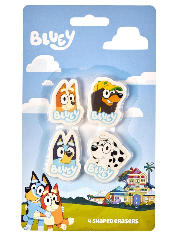Euromic Bluey 4-pack erasers - 4 shaped erasers packed in acetate box with eurohole (size of box 5.2 x 16 cm) CE & 0-3 years pictogram