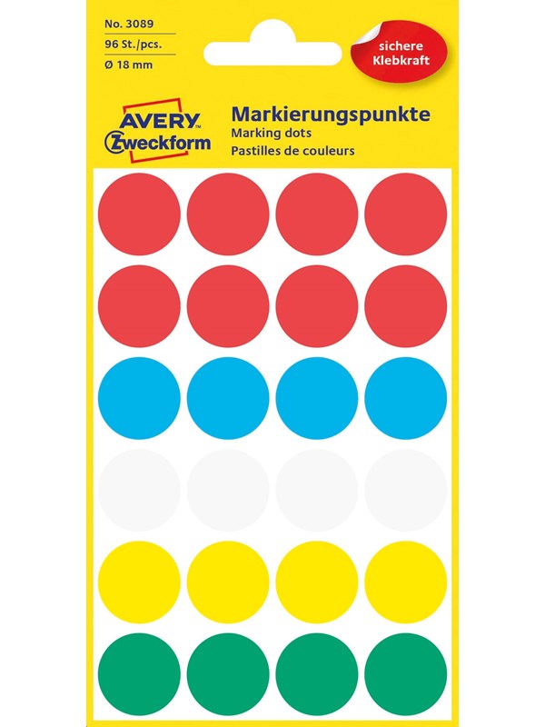 Avery Matriseklistremerker, Ø 18 mm, 96 Etiketter, Diverse farger