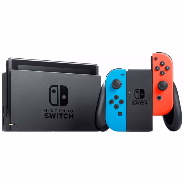 Nintendo Switch spillkonsoll 2019 med neon blå/rød Joy-Con-kontrollere
