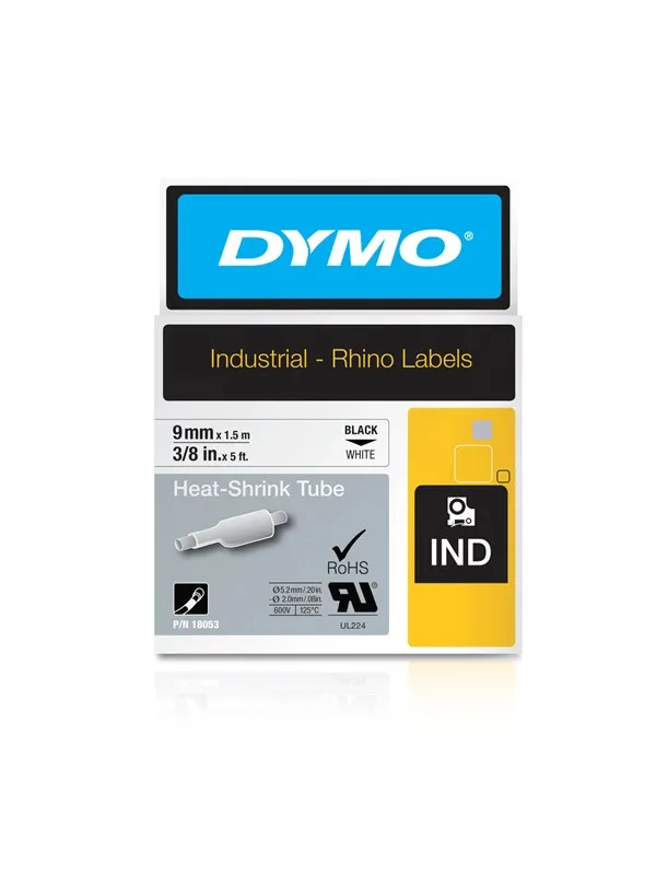 DYMO Rhino krympeflex, 9 mm x 1.5 m, sort på hvit