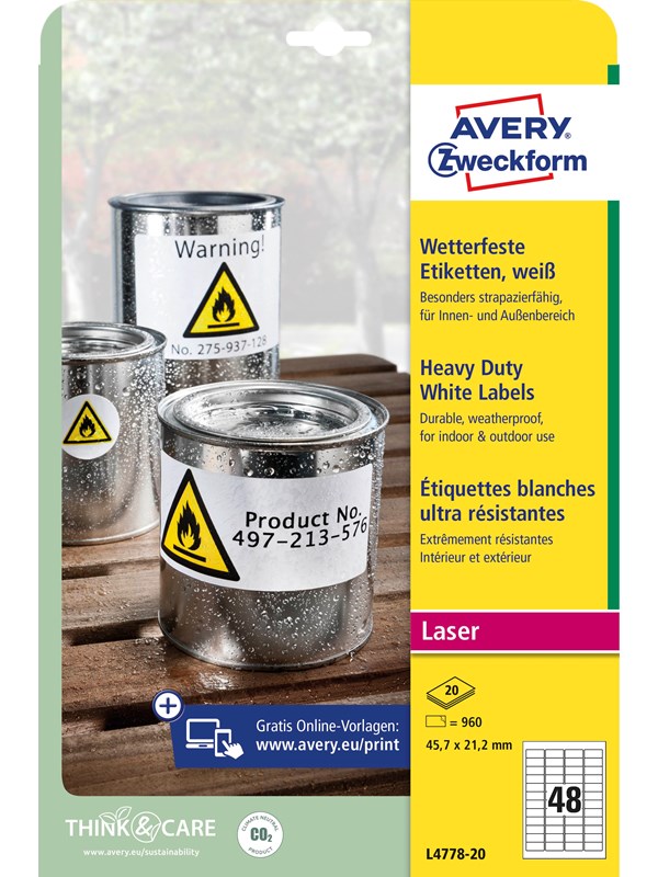 Avery Sterke etiketter, hvite , Tåler varme, kulde, fukt, utendørsbruk, 45,7 x 21,2 mm, Laser