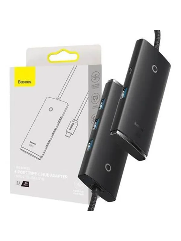 Baseus Lite Series Hub 4in1 USB-C to 4x USB 3.0 + USB-C 25cm (Black) USB-hub - USB 3.0 - 4 porter - Svart
