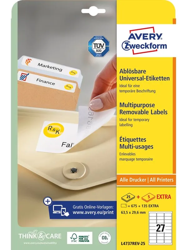 Avery Avtagbare flerbruksetiketter , Til alle skrivere, 63,5 x 29,6 mm, Hvit