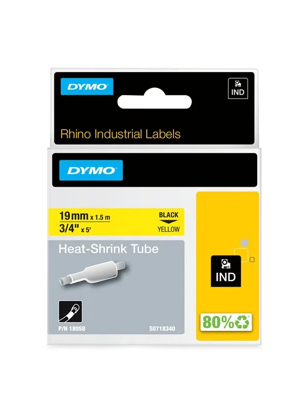 DYMO Rhino krympestrømpe, 19 mm x 1.5 m, sort på gul