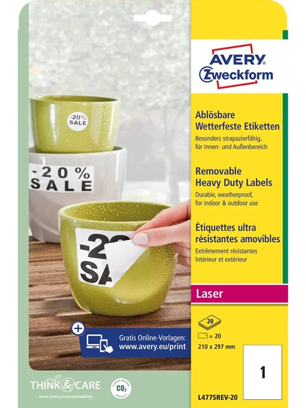 Avery Avtagbare, sterke etiketter , Tåler varme, kulde, fukt, utendørsbruk., 210 x 297 mm, Laser