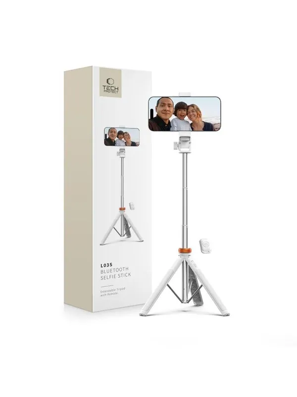 Tech-Protect L03S Bluetooth Selfie Stick with Remote Control Tripod up to 148cm and 180 Head - White