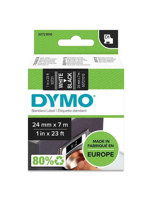 DYMO D1 tape, 24mm x 7m rull, hvit på sort