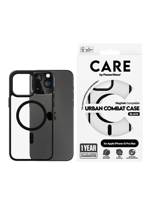 CARE by PanzerGlass Flagship Case Transparent Urban Combat w. Black MagSafe iPhone 15 Pro Max