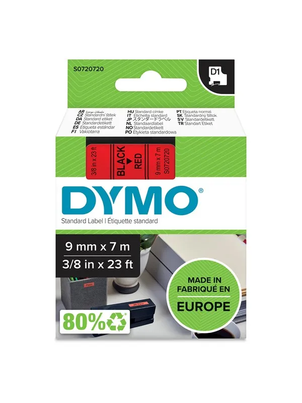 DYMO D1 tape, 9mm x 7m rull, sort på rød