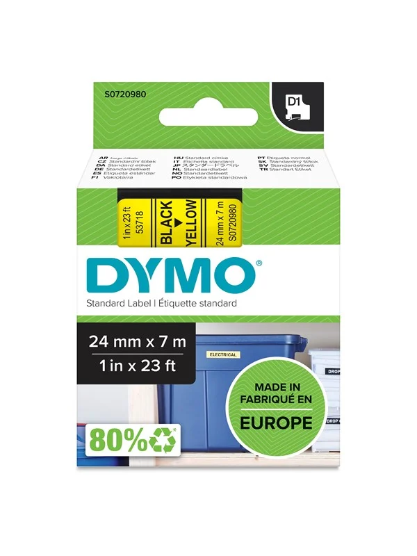 DYMO D1 tape, 24mm x 7m rull, sort på gul